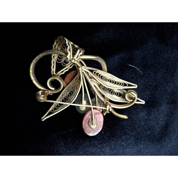 Vintage 1960's Semiprecious Stones Goldtone Filigree Floral Spray Brooch - Picture 4 of 5